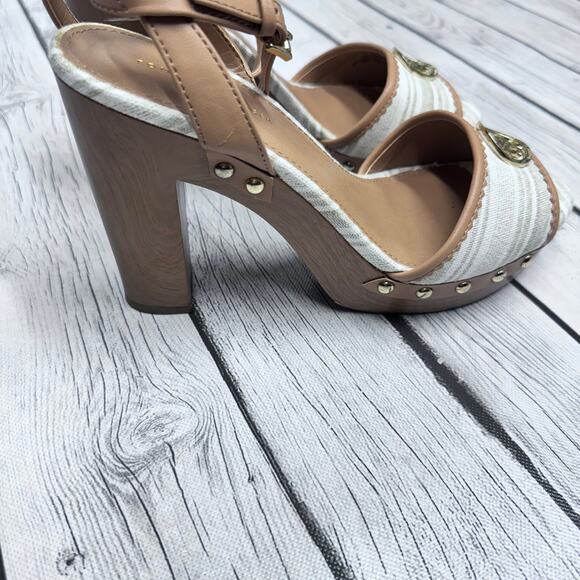 TOMMY HILFIGER Size 9 Faux Wood Linen Platform Sandals - Picture 4 of 6